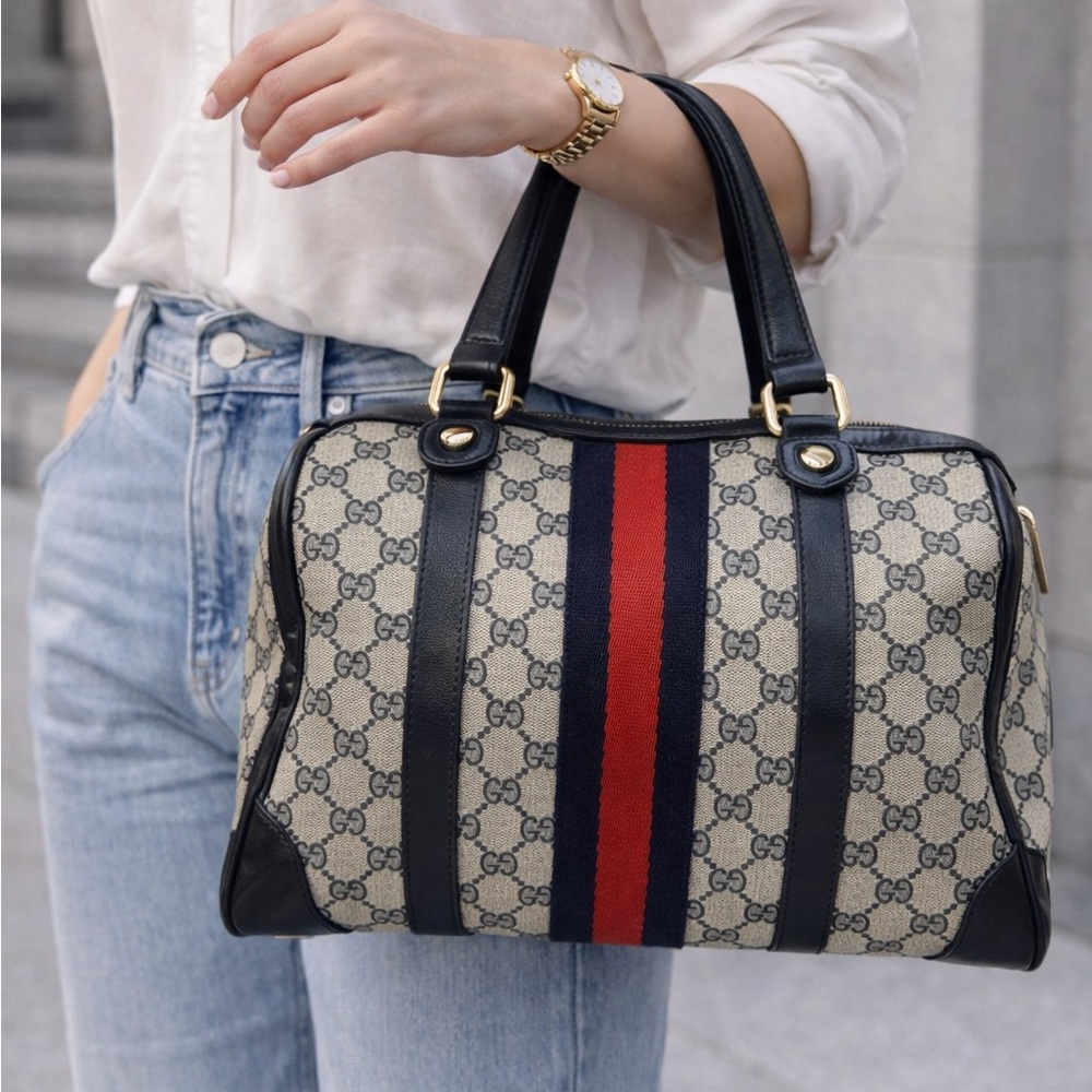 Gucci Beige and Black Satchel with Red Stripe